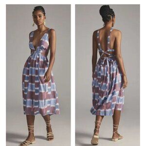 NWT Anthropologie Deep-V Midi Dress L $180 Cross Open Back Blue Purple Tie Dye
